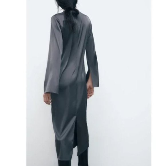 NWT SATIN Effect DARK CHARCOAL GRAY Long Sleeve Midi Dress - Picture 4 of 12